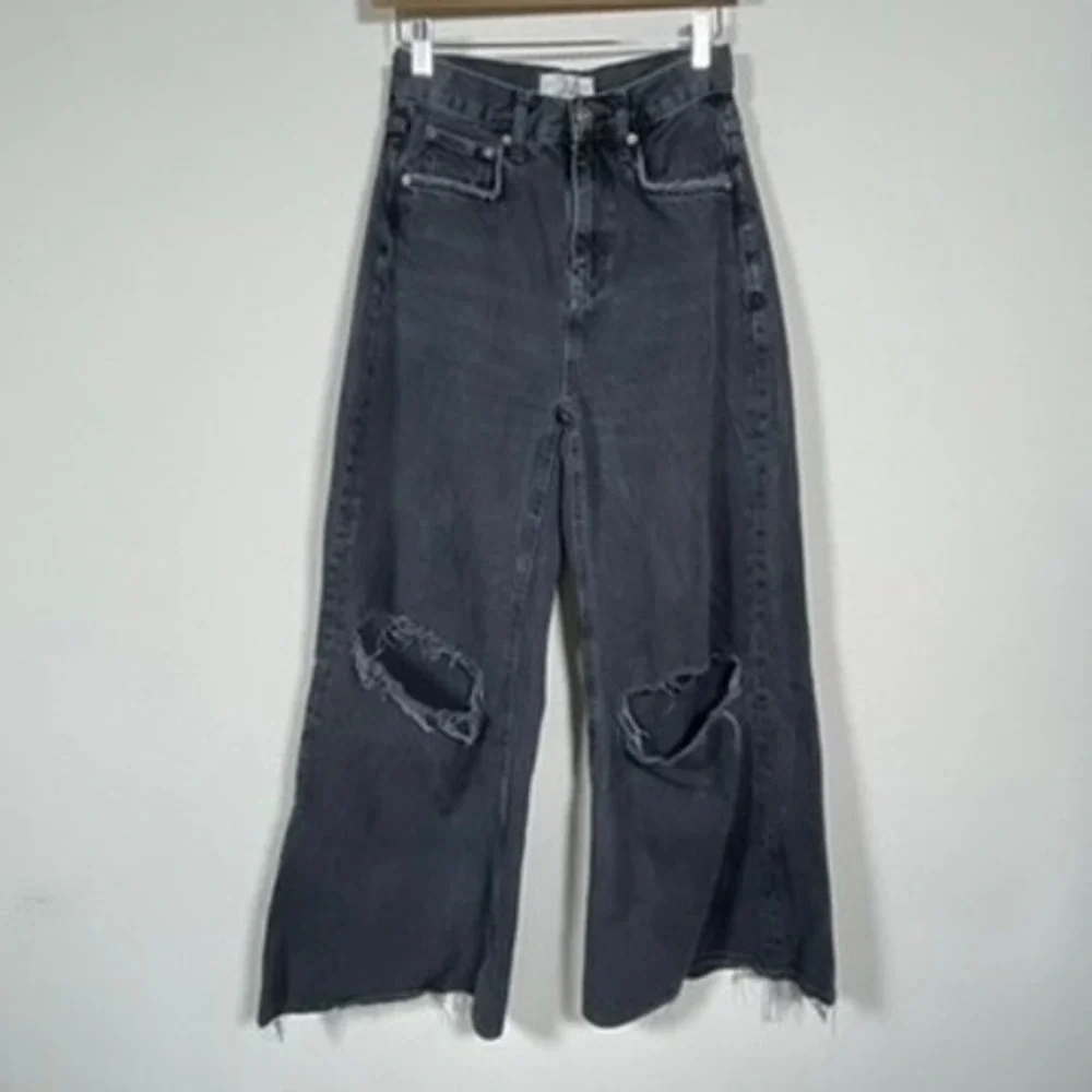 We the Free Wide Leg Jeans Women 24 Black Street Grunge Boho Distressed